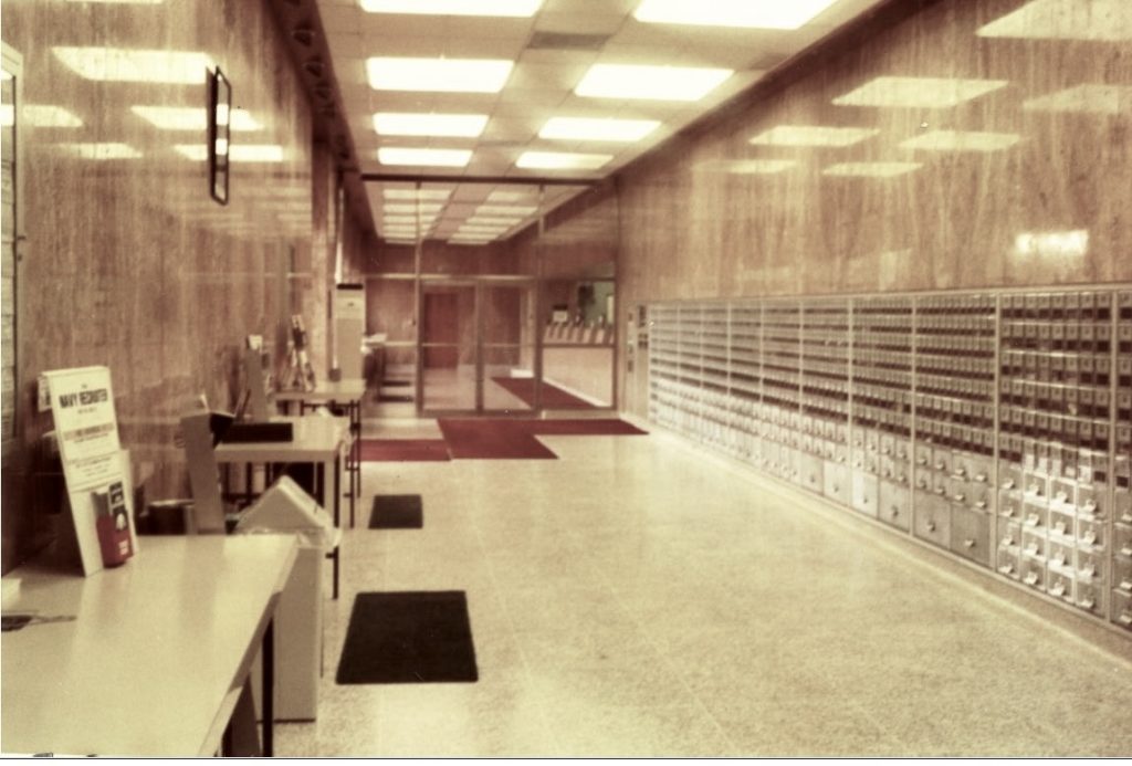 June 26, 1972 view of the post office lobby, facing east-northeast.